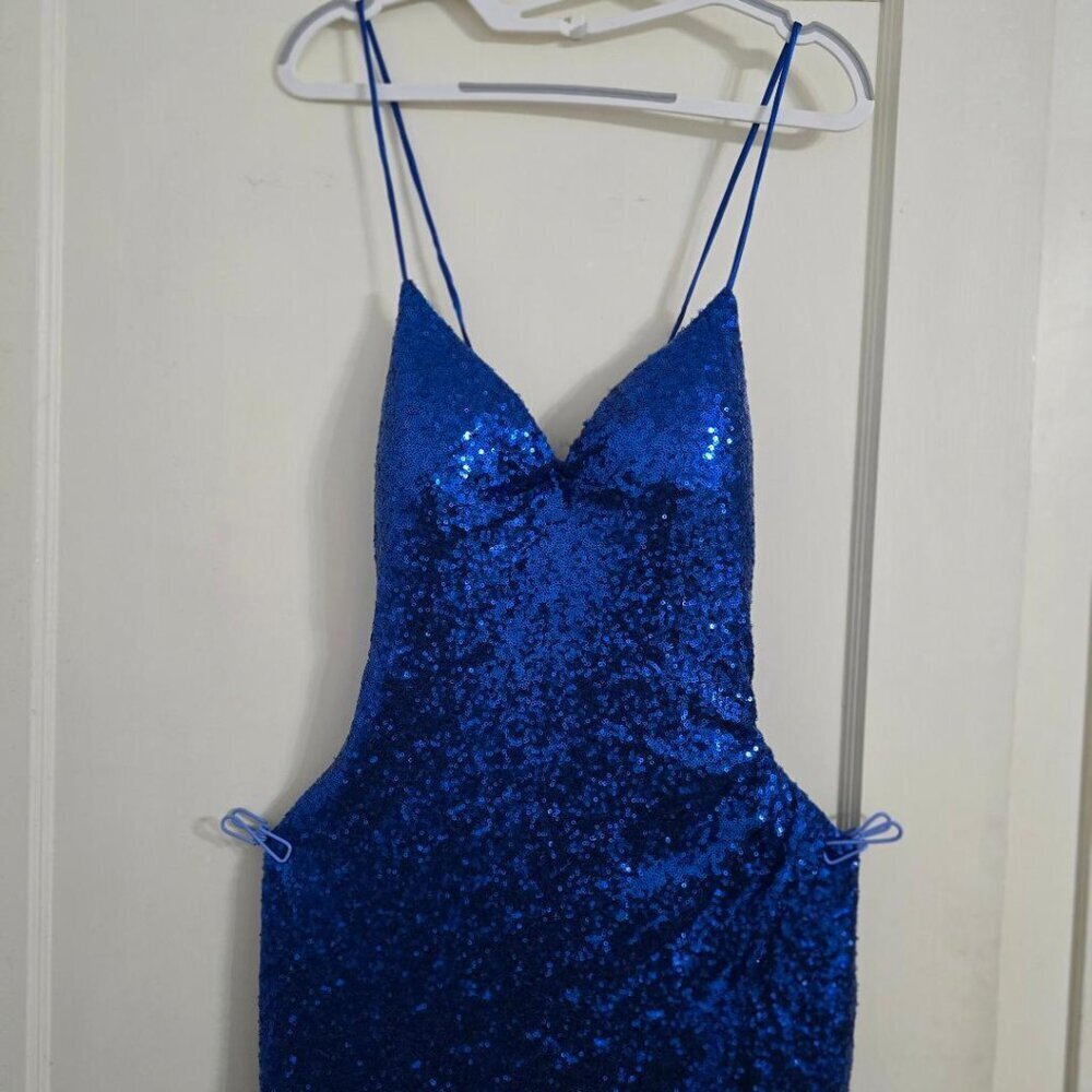 13 Midnight Doll Royal Blue Sequin Maxi Lined Dress Straps Open Back Fit & Flare